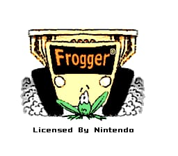 A frog character sits centered within a large yellow bucket or container marked 'Frogger' in orange text. The frog has a round head with circular eyes and green coloring on its lower body. Black curved shapes flank both sides of the bucket, resembling water splashes or environmental elements. At the bottom of the image, white text reads 'Licensed By Nintendo'. The overall art style uses flat colors and simple pixelated shapes typical of 16-bit sprite graphics, set against a plain background.