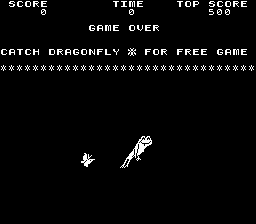 A black arcade game screen displays a game-over state with white text at the top reading "SCORE 0", "TIME 0", and "TOP SCORE 500". Below that, "GAME OVER" appears centered, followed by a line of asterisks. Instructions state "CATCH DRAGONFLY & FOR FREE GAME" with another asterisk line underneath. In the lower portion, two small pixel sprites are visible against the black background: a frog on the left and a dragonfly on the right, both rendered in white and light gray pixels.