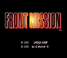 The Front Mission title screen displays the game's logo in large letters with red and orange gradient coloring against a black background. Below the logo, copyright text reads "© 1995 SQUARE" and "© 1995 G-CRAFT" in white sans-serif font. A trademark symbol appears to the right of the main title. The presentation uses a flat, early-1990s SNES-era aesthetic with minimal animation or background imagery.