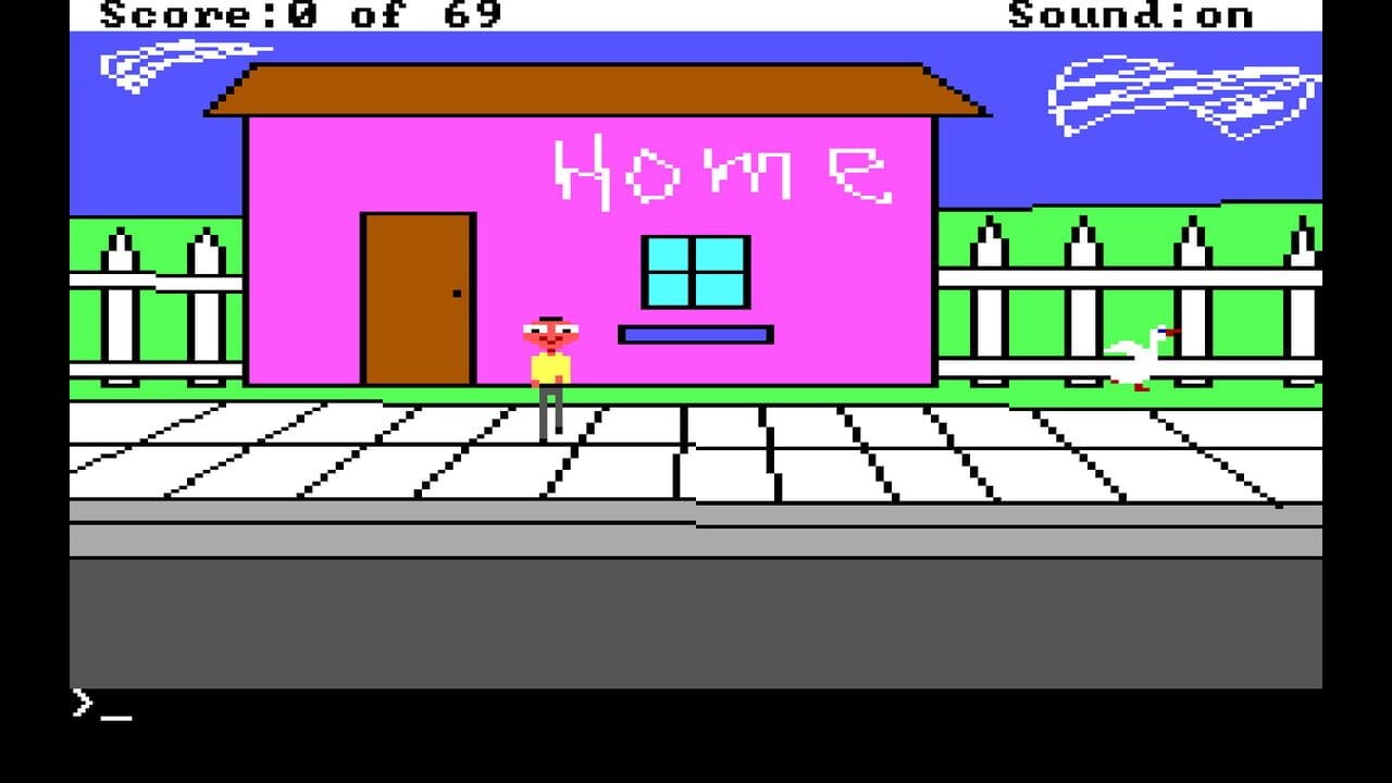 A pixelated DOS-era scene displays a street view with a bright pink storefront labeled 'Home' featuring a brown door and cyan window. A small character sprite in yellow and brown clothing stands on a checkered pavement in front of the building. Green-roofed adjacent buildings with white-trimmed windows flank both sides. A score counter reading '0 of 69' appears in the top-left corner, with 'Sound: on' displayed top-right. The sky is solid blue with decorative white bird sprites in the corners. Gray pavement and darker ground fill the lower portion of the screen.