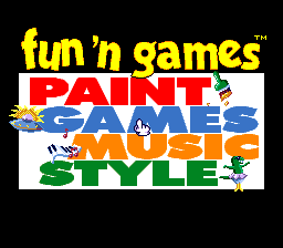 The title screen features the "fun 'n games" logo in yellow text at the top, followed by "PAINT" in red, "AND" in orange, and "MUSIC SMILE" in green, all rendered in large pixelated letters. Colorful paint splatter graphics and small animated character sprites are scattered around the text. The background is black, and the overall layout uses bright primary colors typical of early SNES title screens.