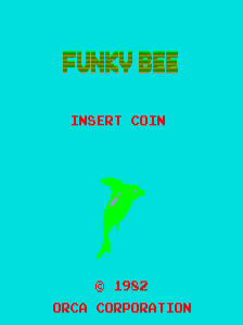 The title screen displays 'FUNKY BEE' in yellow pixelated letters at the top against a bright cyan background. Below that, red text reads 'INSERT COIN'. A bright green bee sprite is centered in the middle of the screen, shown in profile facing right with visible wings and segmented body. At the bottom, red text states '© 1982' followed by 'ORCA CORPORATION' in red capital letters. The overall aesthetic features solid color blocks and simple pixel-based graphics typical of early 1980s arcade games.