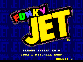 The Funky Jet title logo dominates the center in large yellow letters with a black outline, set against a deep blue background with repeating digital pattern. Below the logo, white text reads 'PLEASE INSERT COIN' and '1992 © MITCHELL CORP.' in a standard arcade typeface. The bottom right corner displays 'CREDIT 0' in yellow text. The overall design uses a limited 8-bit color palette typical of early 1990s arcade hardware.