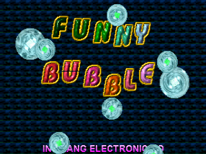 The title screen displays "FUNNY BUBBLE" in large red and yellow letters with a dotted outline effect against a dark blue textured background. Six translucent bubble sprites in light blue and white are positioned around the text, with two bubbles near the top corners and others scattered throughout the composition. At the bottom of the screen, cyan text reads "IN CHANG ELECTRONIC CO" in a standard arcade font. The overall visual style uses bright primary colors typical of late-1990s arcade games with a simple, clean layout.