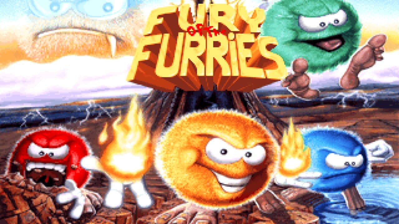 The game title "Fury of the Furries" appears in large yellow and red letters at the center top, with a blazing fire effect beneath it. Below are four colorful creature characters positioned in a row: a red angry-looking creature on the left, an orange circular character with a wide grin in the center-left, a blue creature on the center-right, and a green fuzzy creature in the upper right. The background depicts a desert landscape with brown rocky terrain, a body of blue water on the right side, and a hazy sky with purple and orange hues. Flames and explosions are visible around the title area, suggesting action gameplay.