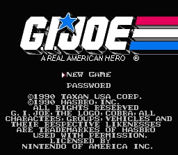 The title screen displays the G.I. Joe logo in large white letters with a blue star in the upper left, followed by the subtitle "A Real American Hero" in smaller text. Below are menu options including "NEW GAME" and "PASSWORD" in white text against a black background. The lower portion shows copyright information and licensing details from 1989-1991, crediting Hasbro Inc., G.I. Joe, and Nintendo as licensee. The overall presentation uses a simple black background with white pixelated text typical of NES-era title screens.