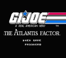 The title screen displays the G.I. Joe logo in large white italicized text at the top, with a red, white, and blue horizontal stripe design to its right. Below sits "The Atlantis Factor" in serif uppercase lettering. At the bottom, menu options read "When Game" and "Password" in pixelated white text against the black background. The overall layout uses a centered, symmetrical composition typical of NES title screens from the early 1990s.