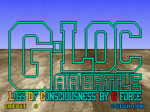 The title screen displays "G-LOC" in large cyan and green outlined letters against a blue sky background transitioning to brown terrain at the horizon. Below the main title, "AIR BATTLE" appears in smaller cyan text. At the bottom, white text reads "LOSS OF CONSCIOUSNESS BY G FORCE" with "BY G FORCE" in cyan. The logo uses a geometric, angular style typical of early 1990s arcade graphics, with thick outlined lettering and a color scheme of cyan, green, and dark teal against the solid background.