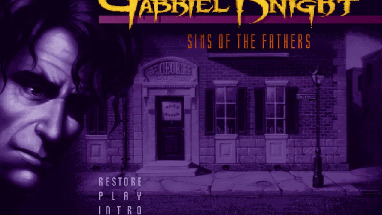 A purple-tinted main menu screen displays the game title in yellow at the top. Below subtitle text reading "SINS OF THE FATHERS" in orange, a brick building storefront labeled "ST. GEORGE'S" occupies the center, rendered in isometric perspective with dark windows and a recessed entrance. A large face rendered in grayscale fills the left side of the screen. Menu options for RESTORE, PLAY, and INTRO appear in white text at the bottom left. Dark atmospheric lighting dominates the overall color palette.