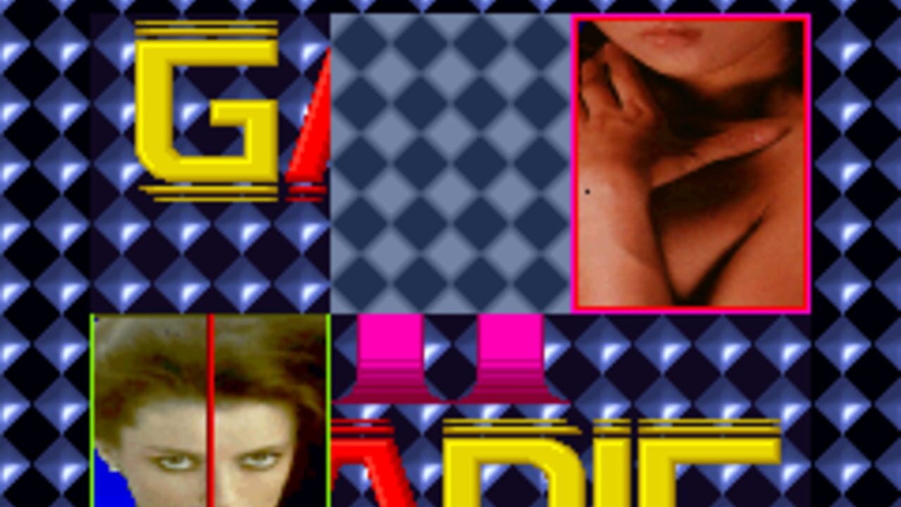 A large yellow "G" logo with red accents appears in the upper left against a blue and black diamond-patterned background. A magenta-framed portrait of a woman's face with reddish-brown hair occupies the upper right. Below on the left, a partial character portrait with greenish hair and blue clothing is visible behind a red vertical line. Two magenta rectangular blocks sit centrally in the middle section, with yellow text reading "DIF" partially visible at the bottom right, all rendered in low-resolution arcade sprite graphics typical of early 1990s arcade hardware.