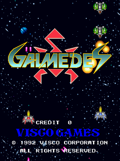 A space-themed title screen displays the Galmedes logo in large gold and red pixelated lettering centered on a black starfield background. Two small blue spacecraft appear in the upper corners, while two yellow and orange enemy ships are positioned in the lower corners. White stars scatter across the entire backdrop. Below the logo, white text reads 'CREDIT 0' on the left, and blue text at the bottom displays 'VISCO GAMES' with copyright information for 1992 Visco Corporation.