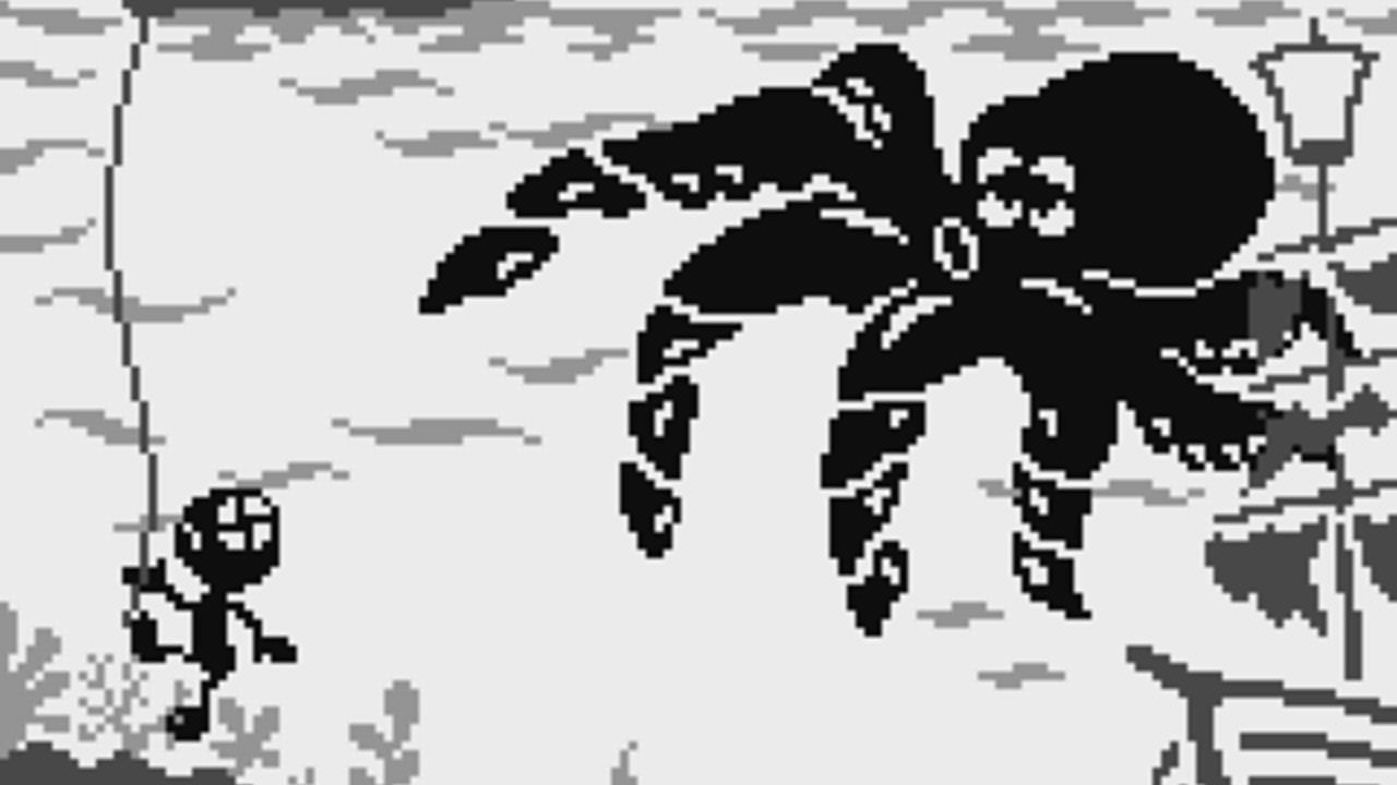 A small black pixelated character stands on the left side of a monochrome Game Boy screen, facing a large black silhouette of what appears to be a giant creature or character in the center-right. Gray and white cloud or sky elements fill the background, with a pole visible on the right edge. The sprite work uses high contrast black and white pixels typical of Game Boy display, and simple blocky cloud shapes create a minimalist sky environment.