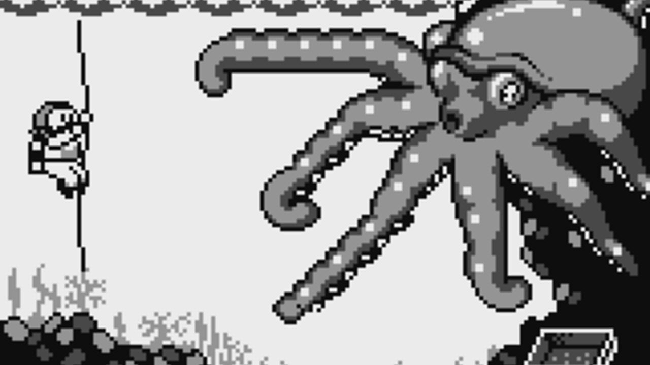 A large gray octopus with multiple curved tentacles dominates the right side of the screen against a light background. On the left, a small pixelated character in white and black hangs from a rope or line. The octopus appears to be the main threat or obstacle in this Game & Watch-style gameplay scene, rendered in monochromatic gray tones typical of Game Boy graphics. The character and octopus are positioned as if in a confrontational scenario within a simple, minimalist game layout.