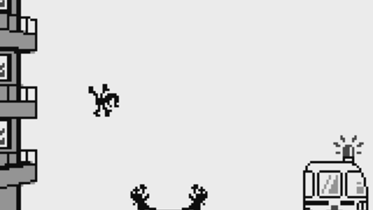 A Game Boy screen displays a black and white pixel art scene with a building facade on the left side showing stacked window and door structures. A small black character sprite floats in the center-upper area, while two larger black character sprites occupy the lower-center portion. On the right side, a white robotic or mechanical object with antenna-like protrusions on top emits visual effects lines, suggesting activation or alert status. The background is light gray throughout.
