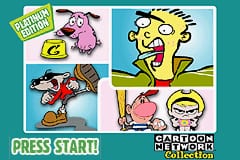 The title screen displays a turquoise background with four cartoon character panels arranged in a grid layout. The top-left panel shows a pink character, the top-right shows a blonde boy's smiling face in close-up, the bottom-left depicts a character in action, and the bottom-right shows the blonde boy with the pink character. Yellow text reading "PRESS START" appears at the bottom in a pixelated font typical of GBA-era graphics. The upper-left corner contains a yellow logo area, and the bottom displays green text reading "CARTOON NETWORK." The art style uses bright, flat colors with simple outlines characteristic of early 2000s cartoon animation.