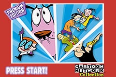 The title screen displays a red border frame containing two cartoon character panels on a split blue background. The left panel shows a white cat character with large eyes holding what appears to be a weapon. The right panel features yellow and tan-colored characters in action poses. A red banner at the bottom reads "PRESS START!" in white capital letters. The top left corner contains the Cartoon Network logo in white text.