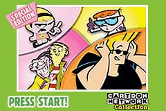 The title screen displays a colorful grid layout with four cartoon character illustrations arranged in quadrants against a bright background. A green border frames the top and sides, with "PRESS START" text in green at the bottom left, and "CARTOON NETWORK COLLECTION" logo in gray at the bottom right. The character sprites are rendered in flat, bold colors typical of 2000s cartoon animation style, positioned in pink, yellow, and orange sections creating a vibrant, segmented composition.