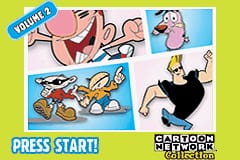 A bright yellow-bordered title screen displays four colorful cartoon panels in a 2x2 grid arrangement, featuring animated characters in various poses and action scenes. A blue banner labeled 'VOLUME 2' appears in the upper left corner. At the bottom, a green banner with white text reads 'PRESS START!' on the left side, with the Cartoon Network logo visible on the right. The overall layout uses flat, bold colors typical of GBA presentation, with simple cartoon-style artwork across all displayed panels.