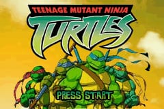 The title screen displays the Teenage Mutant Ninja Turtles logo in green and yellow lettering at the top center, with a yellow gradient background. Below the logo, four turtle characters are shown in green, positioned side by side. A red banner labeled "PRESS START" appears in the lower portion of the screen. The art style uses bright, solid colors typical of Game Boy Advance graphics, with pixelated sprite work.