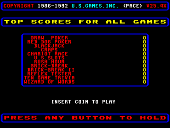The title screen displays a blue-bordered box in the center containing red pixelated text listing game titles vertically, including words like "DRAG", "POKER", "RACE", and "CHASE". A column of zeros appears on the right edge. The copyright notice "COPYRIGHT 1986-1992 U.S.GAMES,INC. (PRCE) V25.4X" is shown in red at the top. Below the game list box, white text reads "INSERT COIN TO PLAY" and at the bottom in red text it states "PRESS ANY BUTTON TO HOLD". The background is solid black with a yellow text header reading "TOP SCORES FOR ALL GAMES".