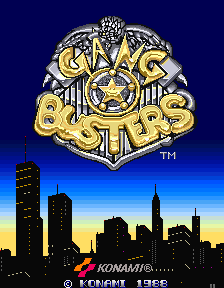 A large gold and silver badge emblem with a star center dominates the upper half against a dark blue background. Below it stretches a silhouetted cityscape of tall skyscrapers in black, set against an orange and blue gradient sky suggesting dawn or dusk. The Konami logo appears in the lower left, with copyright text reading "© KONAMI 1986" in the bottom right corner. The overall composition uses a limited color palette of gold, black, blue, and orange.