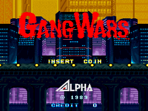 The title screen displays 'GANG WARS' in large red pixelated letters centered at the top, with a purple neon-style cityscape of tall buildings visible behind it. Below the title, white text reads 'INSERT COIN' in a standard arcade font. At the bottom, the Alpha Denshi company logo and year '1989' appear in purple and cyan neon coloring against the dark blue building silhouettes. The overall background uses a limited palette of yellow, purple, blue, and black typical of late-1980s arcade graphics.
