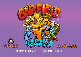 A purple gradient background displays the orange Garfield title logo at the top with drop shadow effects. Below it, Garfield sits on a blue platform labeled "Caught in the Act," surrounded by colorful geometric shapes and game objects rendered in 16-bit sprite style. Two navigation options appear at the bottom: "START" on the left in yellow text and "OPTIONS" on the right. Copyright notices for SEGA and PAWS are centered below the game title, with 1995 dates visible.