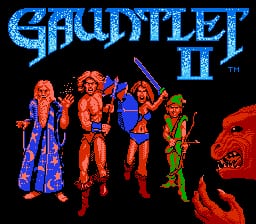 The Gauntlet II title screen displays the blue pixelated logo at the top center. Below stand four player character sprites arranged horizontally: a wizard in blue robes, a warrior in orange armor, a female fighter in blue and orange, and an archer in green. To the right looms a large red demonic face with an open mouth. The background is solid black, typical of NES-era graphics with limited color palette and 8-bit sprite resolution.