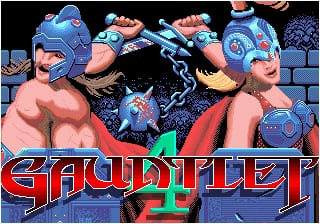 The Gauntlet IV title screen displays the game logo in red metallic lettering across the center-bottom. Above it, four muscular warrior characters with distinct colored armor—blue, orange, red, and pink—stand against a dark brick wall backdrop. Lightning bolts and magical effects radiate from the center. The sprites show high resolution pixel art typical of Sega Genesis era graphics, with detailed musculature and ornate armor designs rendered in warm skin tones and bright primary colors.