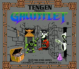 The Gauntlet title screen features the blue logo text centered above four pixelated character sprites arranged horizontally: a warrior in yellow armor, a ninja in white, a sorceress in green, and a warrior in red. Below them stands a ghostly purple figure. The background depicts a gray stone dungeon maze with brown ornamental borders framing the entire screen. Copyright and licensing text appears at the bottom in white lettering.