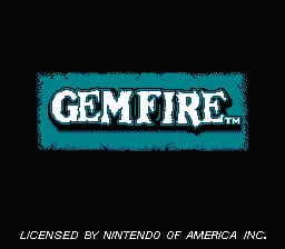 The Gemfire title screen displays a large white text logo with the word "GEMFIRE" centered on a teal rectangular background with a pixelated texture. Below the logo sits a small trademark symbol. The upper portion of the screen is black, and centered at the bottom in white text reads "LICENSED BY NINTENDO OF AMERICA INC." The overall composition is simple and centered, using a limited color palette of black, teal, and white typical of NES-era title screens.