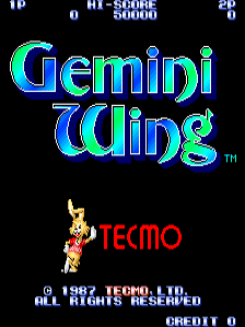 The title screen displays 'Gemini Wing' in large cyan and magenta gradient lettering centered on a black background. Below the title, the Tecmo logo appears in red text with a small yellow sprite of a character wielding a weapon positioned to its left. A score panel sits at the top showing 'HI-SCORE' and 'P2' indicators. Copyright text reading '© 1987 TECMO LTD. ALL RIGHTS RESERVED' and 'CREDIT 0' appears at the bottom in white text. The overall visual style uses bright neon-colored pixels typical of late 1980s arcade game aesthetics.