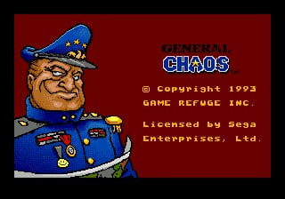 A large cartoonish military commander character in a blue uniform and cap occupies the left side of a dark red background. The title "GENERAL CHAOS" appears in blue letters in the upper right, with copyright text and licensing information displayed below in yellow and white text. The sprite uses a limited color palette typical of 16-bit Sega Genesis graphics, with bold outlines and chunky pixel proportions characteristic of early 1990s game art.