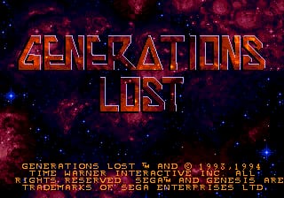 The title screen displays "GENERATIONS LOST" in large orange-red pixelated text centered on a dark starfield background with red nebula clouds. Below the title, small white text shows copyright and licensing information for Time Warner Interactive and Sega Genesis. The entire composition uses a deep space theme with scattered colored stars and red cosmic clouds forming the backdrop.