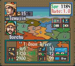 The screen displays a strategy game interface with a stylized map in the center showing orange terrain and numbered regions. Two portrait sprites of male characters appear in the upper left corner with stat information. A large blue UI panel at the bottom contains numeric values and resource icons, including gold amounts (1320, 2900) and troop counts. The top right corner shows a game title badge reading "Spr 1189" with a rate indicator. The sprite work uses 16-bit SNES-era pixelation with a tan and blue color scheme throughout the interface.
