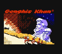The title screen displays "Genghis Khan" in large red pixelated letters at the top left. Below, a low-resolution sprite of a bearded man wearing white clothing and a hat stands on a tan-colored ground against a dark background. To his left is a brown pixelated horse. The upper right shows a dark blue starry night sky. The overall image uses the characteristic 8-bit NES sprite style with limited color palette and blocky pixel rendering.