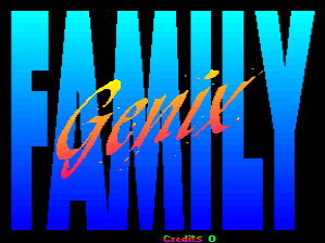 The title screen features large cyan and blue vertical stripes filling the background. Overlaid in orange and red gradient text is the word "family" in a stylized italic font. A small yellow bird sprite with black outlines flies diagonally across the text. At the bottom center, white text reads "Credits ©" in small lettering. The overall color scheme uses bright cyan, blue, orange, and red against a black background.
