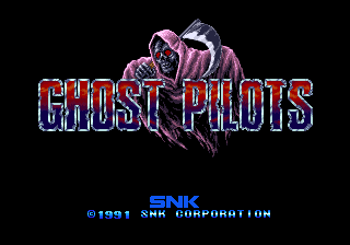 The title screen displays 'GHOST PILOTS' in large red and blue pixelated lettering across the center. Above the text sits a sprite of a pilot character in a red aircraft viewed from an angled perspective against a black background. Below the title, copyright text reads '© 1993 SNK CORPORATION' in blue text, with the SNK logo visible. The overall composition uses a limited color palette typical of early 1990s arcade hardware, with the artwork rendered in high-contrast pixels.