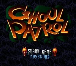 A title screen displays the words "GHOUL PATROL" in large orange and yellow flaming letters against a dark textured background. Below the title, two small flame icons flank the text "START GAME" and "PASSWORD" in white and cyan pixelated lettering. The overall art style features 16-bit sprite resolution with warm colors dominating the composition.