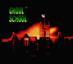 The title screen displays 'GHOUL SCHOOL' in bright green pixelated text at the upper left. Below sits a large red and orange pixel-art castle silhouette against a black background, featuring multiple towers, arched windows, and crenellated walls rendered in warm oranges fading to darker reds. The castle structure spans the width of the screen with architectural details visible in its blocky sprite form, typical of NES-era graphics.