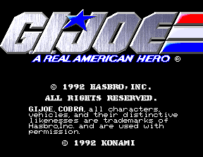 The title screen displays the G.I. Joe logo in large metallic gray letters with a blue star above it and red stripe, followed by the tagline 'A REAL AMERICAN HERO' in smaller blue text. Below are copyright notices for Hasbro Inc. and Konami from 1998 and 1992 respectively, listing character trademarks and intellectual property information in white text on a black background.