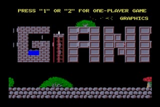 The title screen displays large pixelated text reading "GIANA SISTERS" in the center-right portion against a black background. At the top, yellow text instructs "PRESS '1' OR '2' FOR ONE-PLAYER GAME" with "GRAPHICS" noted at the top right. The left side shows a small maze-like level layout with purple brick tiles. Below stretches a ground layer of green grass and gray stone blocks in a side-scrolling platform style. The entire image uses a limited 16-color DOS-era palette with prominent greens, purples, grays, and black.