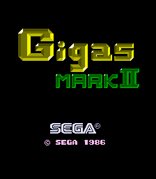 The title screen displays "Gigas" in large yellow pixelated letters at the top, with "MARK II" in green text directly below. The SEGA logo appears centered in white text, followed by a copyright notice reading "© SEGA 1986" in white. The entire composition is set against a black background, using a simple early-1980s arcade aesthetic with blocky, low-resolution typography typical of Sega's arcade releases from this era.