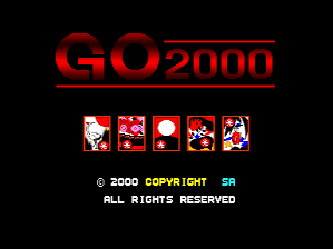 The GO 2000 title screen features a large red logo at the top with the game title in a bold, angular typeface. Below are five small pixel-art icons in a horizontal row, each displaying different character or symbol designs in red, blue, and white colors. At the bottom, white text reads copyright 2000 SunA and "ALL RIGHTS RESERVED" centered on the black background.