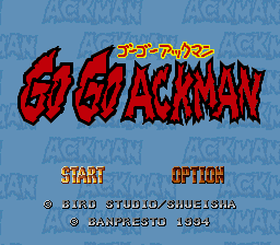 The title screen displays the red "Go Go Ackman" logo prominently in the center against a light blue textured background with repeated "ACKMAN" watermark text. Below the logo are two menu options labeled "START" and "OPTION" in white capital letters. At the bottom, copyright text reads "© D.PRO STUDIO/SHUEISHA" and "BANPRESTO 1994" in small white font. The overall layout uses a simple two-color palette of red, white, and blue with a 16-bit sprite-based aesthetic typical of early-1990s SNES games.