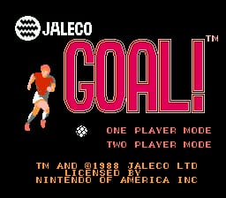 The title screen displays the large red "GOAL!" logo in the upper-right area with a Jaleco branding circle in the top-left corner. A pixelated soccer player sprite in orange and brown stands on the left side in a running pose. Below the title are menu options reading "ONE PLAYER MODE" and "TWO PLAYER MODE" in yellow text, with a small dice icon separating them. Copyright text for Jaleco Ltd and Nintendo of America Inc appears in yellow at the bottom of the screen against a black background.