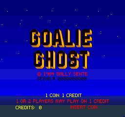 The title screen displays "GOALIE GHOST" in large yellow pixelated text centered on a dark blue starfield background. Below the title, red text reads "BY BALLY SANTE" and "A VILCON GAME". The lower portion shows game information in red and cyan text, including "1 COIN 1 CREDIT", "1 COIN PLAYS 1 GAME", "2 COINS PLAY 1 GAME 1 CREDIT", and "CREDITS 0" displayed in red at the bottom right. White dots scattered across the blue background suggest a night sky or space theme.