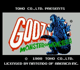 The title screen displays large red block letters spelling "GODZILLA" centered on a black background, with "MONSTER OF MONSTERS" in green text below. A blue pixelated Godzilla sprite appears on the right side of the logo. At the top, white text reads "TOHO CO.,LTD. PRESENTS" with copyright information at the bottom stating "© 1988 TOHO CO.,LTD." and "LICENSED BY NINTENDO OF AMERICA INC." The overall design uses a limited NES color palette with gray, red, blue, green, and black.