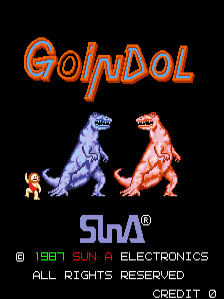 The title screen displays "Goindol" in large orange pixelated text at the top. Below are three sprite characters arranged horizontally: a small beige creature on the left, a larger blue dinosaur-like figure in the center, and a red dinosaur figure on the right. The SunA logo appears in blue text beneath the characters. Copyright information for Sun Electronics and the year 1987 is centered at the bottom, along with "ALL RIGHTS RESERVED" and "CREDIT 0".