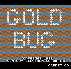The title screen displays "GOLD BUG" in large white pixelated letters made of small dots, centered against a blue and brown tiled background pattern. Below the title appears "SNVCHTN" and other text. At the bottom of the screen, white text reads "CENTURY ELECTRONICS UK LTD" and "CREDIT 00" in a standard arcade font. The overall visual style uses low-resolution pixel graphics typical of early 1980s arcade games.